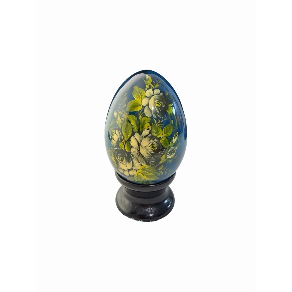 Russian Hand Painted Lacquer Wooden Egg 4" Blue Floral Zhostovo Style w/ Stand